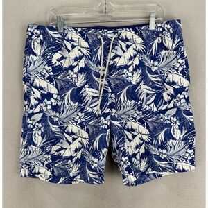 Lands End‎ Men's Sz M 32-34 Blue White Tropical Floral w/ Drawstring Swim Shorts